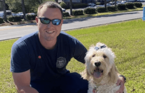 Caleb Andrews, 2022 recipient of the SRC Ambassador of Hope Award, is a 28-year-old firefighter/paramedic with the Vestavia Hills Fire Department, with dog.